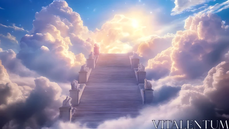Celestial marble staircase ascending through radiant clouds.
