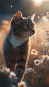 Cat Among Daisies in Golden Sunlight.