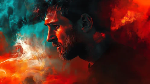 Profile of male subject in red and teal digital smoke field.