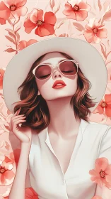 Sunlit daydream woman in white hat and coral blossoms.
