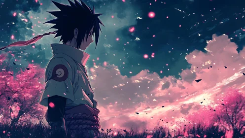 Solitary anime warrior under luminous twilight sakura sky