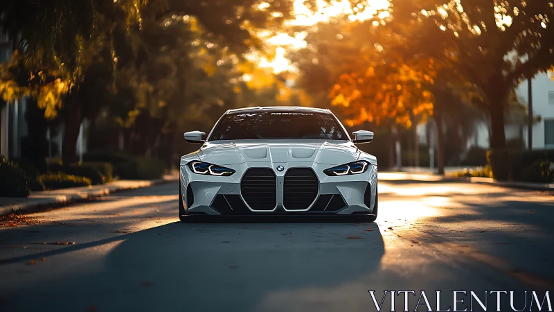 Low white sports sedan parked on sunlit tree-lined street