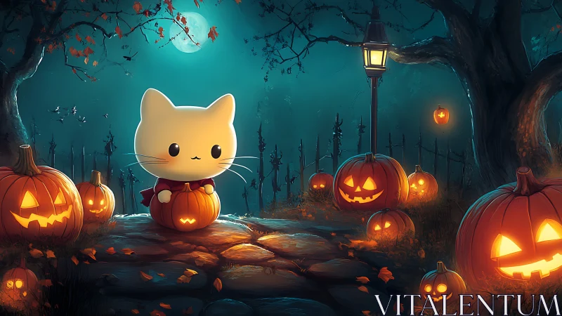 Adorable Cat in a Glowing Halloween Pumpkin Wonderland