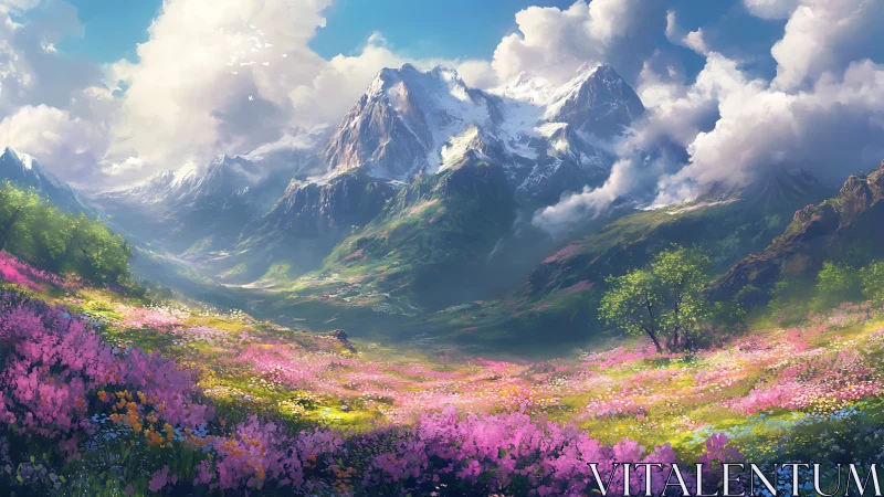 Sunlit wildflower valley opening toward peaceful snowy peaks.