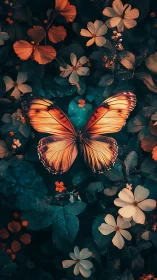 Radiant butterfly poised amid teal foliage and warm blooms.