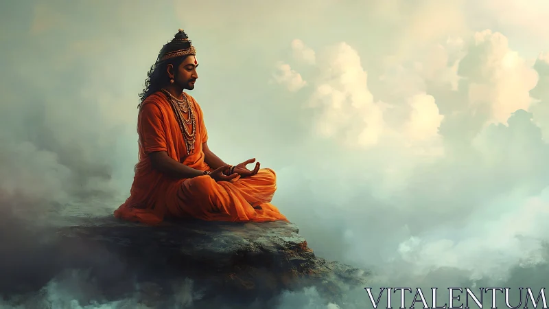 Digital painting of meditative sage on aerial cliff plateau.