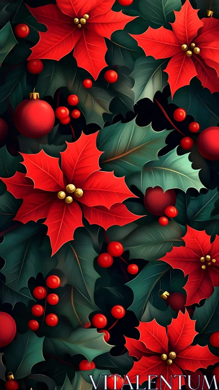 Red poinsettias and holly leaves form seamless festive pattern