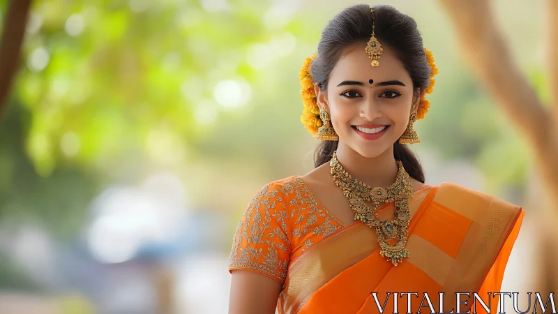 Ornate bridal portrait in saturated orange silk saree setup.