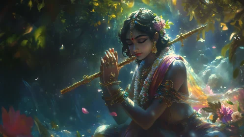 Flute bearing mystic youth kneels in jeweled forest light