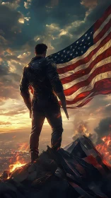 Backlit soldier on burning ridge holds wind-tensioned US flag