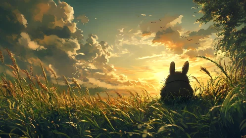 Silhouetted rabbit observes glowing sunset over wild meadow