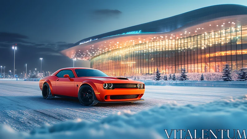 Red sports coupe on winter street before modern glass arena.