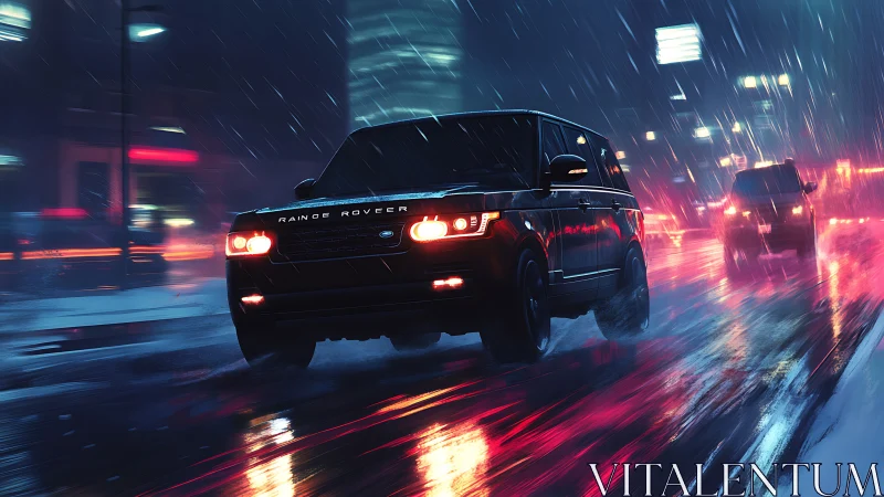 Luxury SUV cuts through neon rain on slick city street.