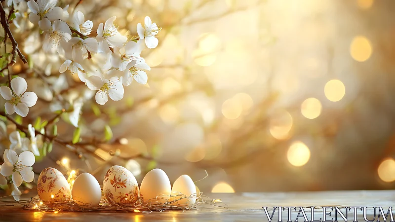 Decorated Easter eggs under spring blossoms on wood table.