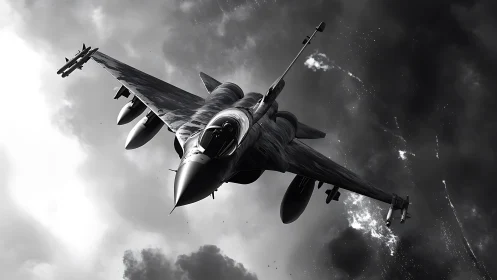 Monochrome jet fighter ascending through dense storm clouds.