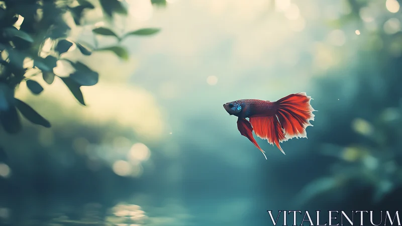 Betta fish glides through soft bokeh forest lagoon light.