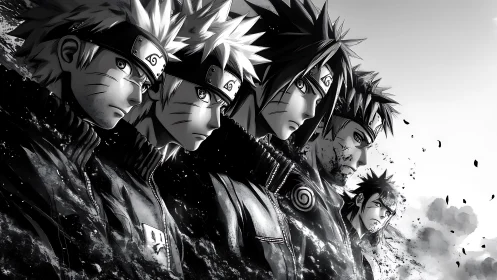 Sequential ninja portraits dissolve into monochrome particulate forms