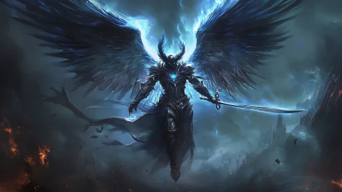 Stormlit winged warrior guarding a twilight battlefield.