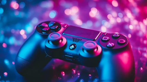 Game controller rests under neon pink and blue bokeh light