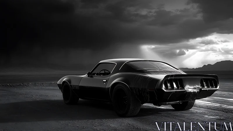 Monochrome muscle car under storm-laden desert skyscape.