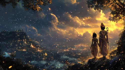 Two robed figures observing illuminated valley settlement.