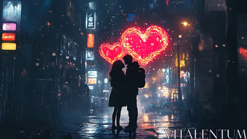 Silhouetted Couple Kissing Beneath Neon Heart Sign
