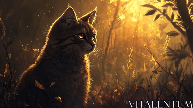 Black Cat's Golden Hour Gaze in Mystical Forest.