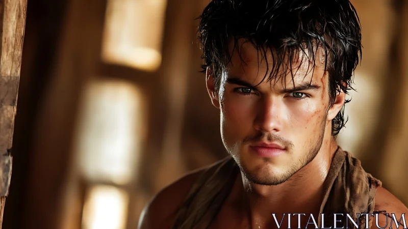 Brooding young man stares intensely in warm rustic light