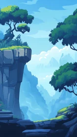 Sunlit cliffside valley opens into a calm blue fantasy world