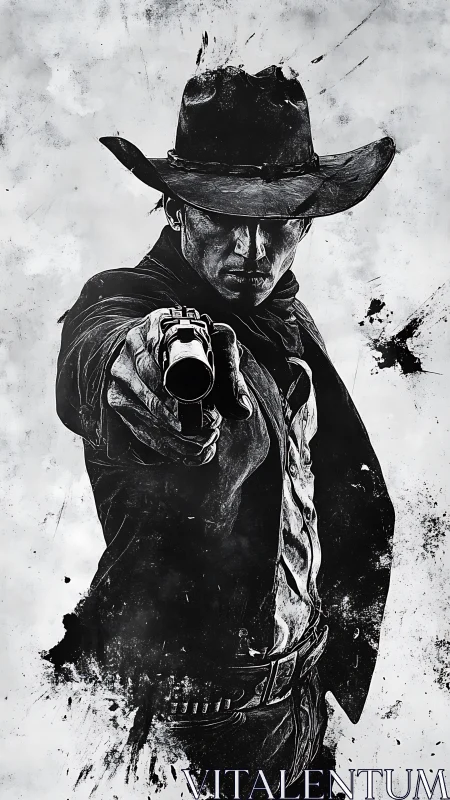 Monochrome gunslinger pointing revolver toward viewer.