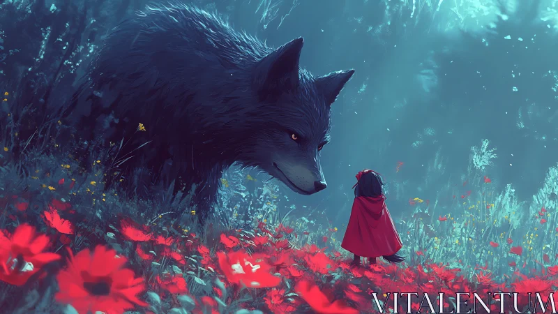 Red-hooded child confronts giant wolf in glowing forest.