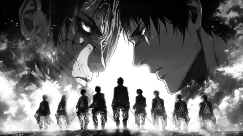 Monochrome anime battle tableau with mirrored character faces.