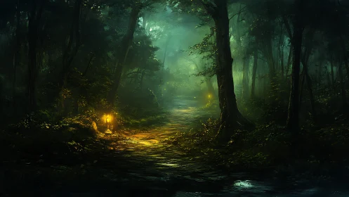 Forest pathway with luminescent elements and atmospheric depth rendering