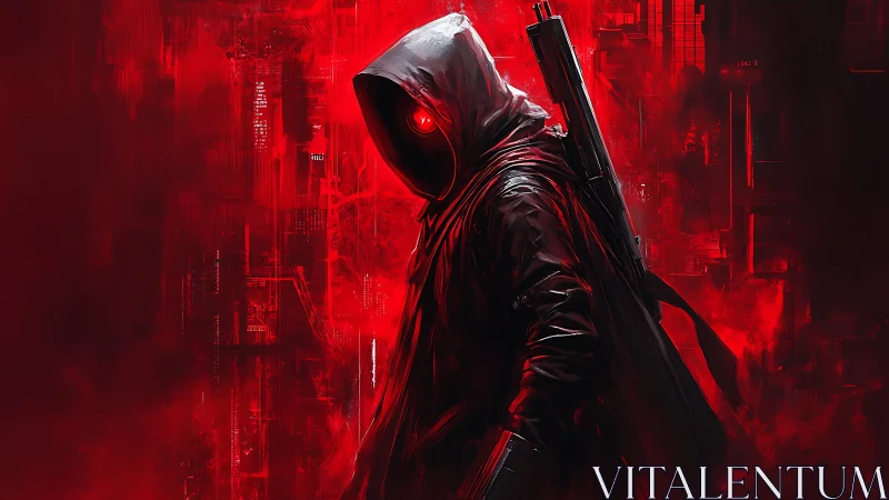 Red-spectral hooded operative in cybernetic urban rupture.