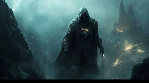 Hooded death knight overlooking spectral citadel at night.