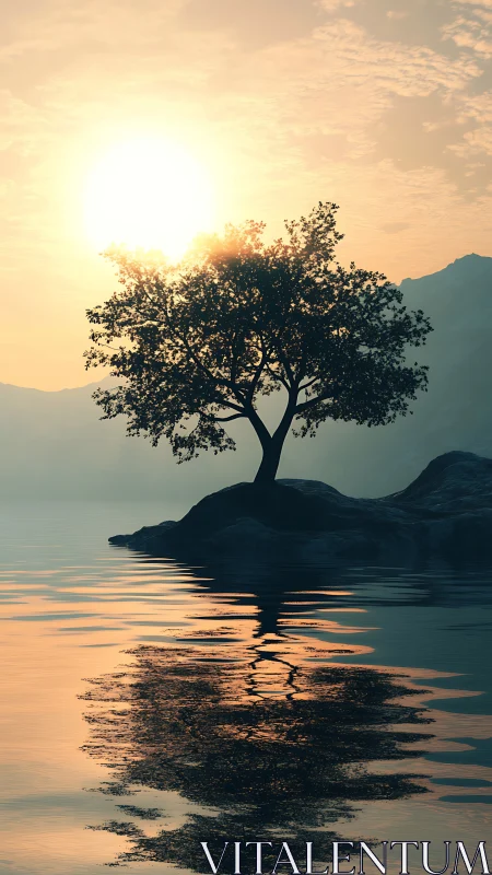 Solitary lakeside tree silhouetted in warm sunset glow.
