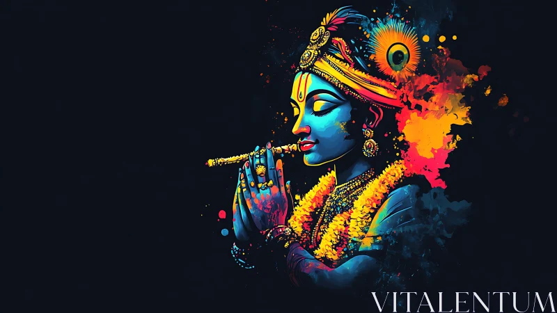 Colorful digital portrait of flute-playing deity figure.
