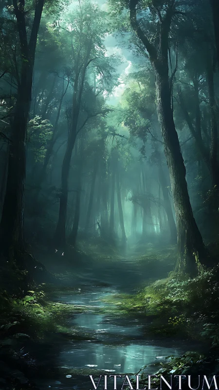 Misty Forest Stream: Nature's Hidden Sanctuary.