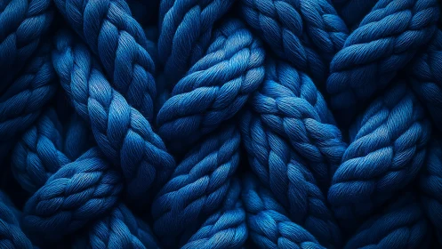 Macro study of intertwined blue synthetic braided rope fibers