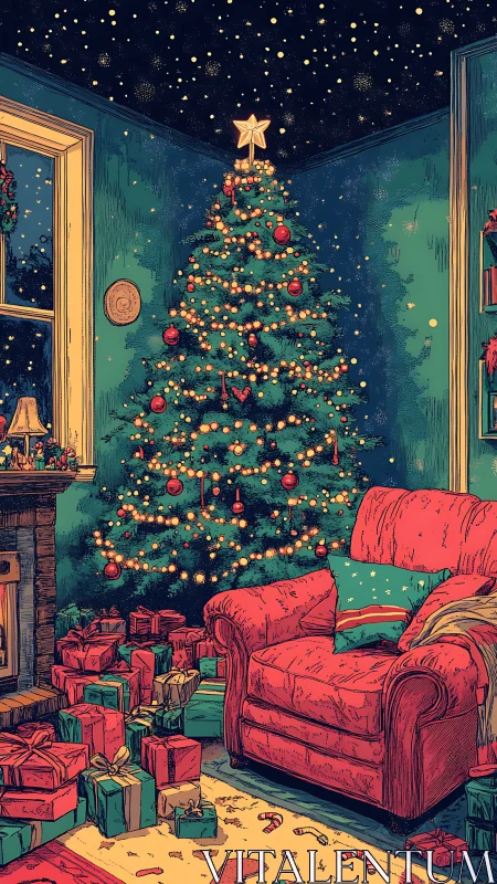 Cozy Christmas tree glows warmly above a sea of gifts
