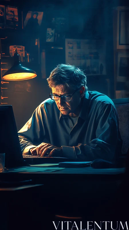 Midnight researcher wrestles code beneath moody neon haze