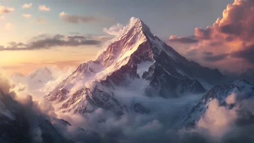 Digital painting of alpine summit under dramatic sunset light.