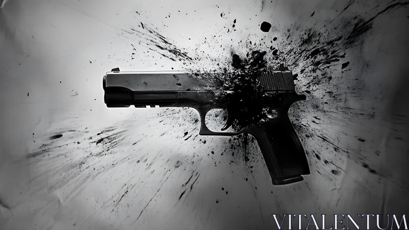 Handgun exploding into abstract black ink splatter burst.