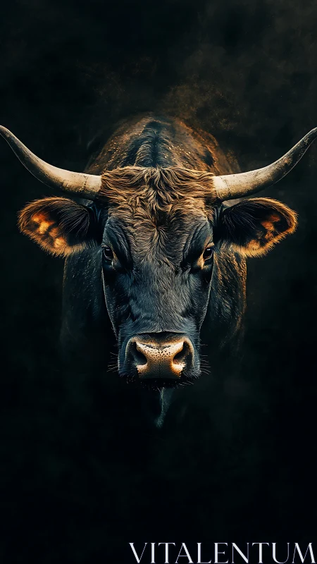 Horned bull portrait on dark background, frontal view.