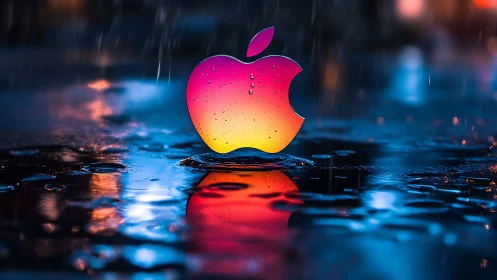 Neon gradient apple logo glows over a rainy city street