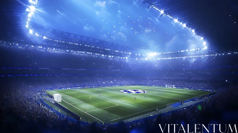 Nighttime football stadium glows under bright blue lights