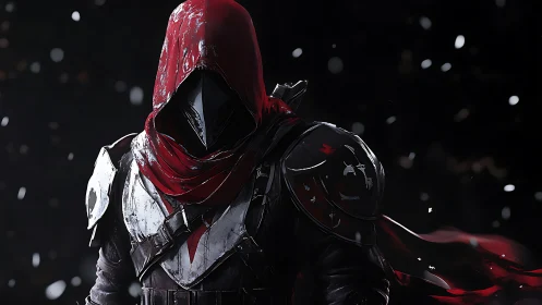 Hooded red-cloaked knight in snowlit dark armor portrait.