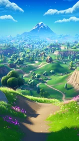 Sunlit game valley opens toward a distant snowy mountain