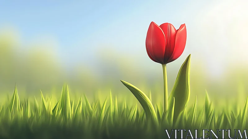 Red tulip stands alone in verdant grass field.