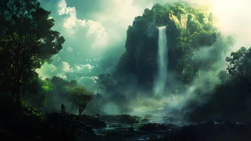 Mystic jungle waterfall beneath stormlit emerald cliffs.